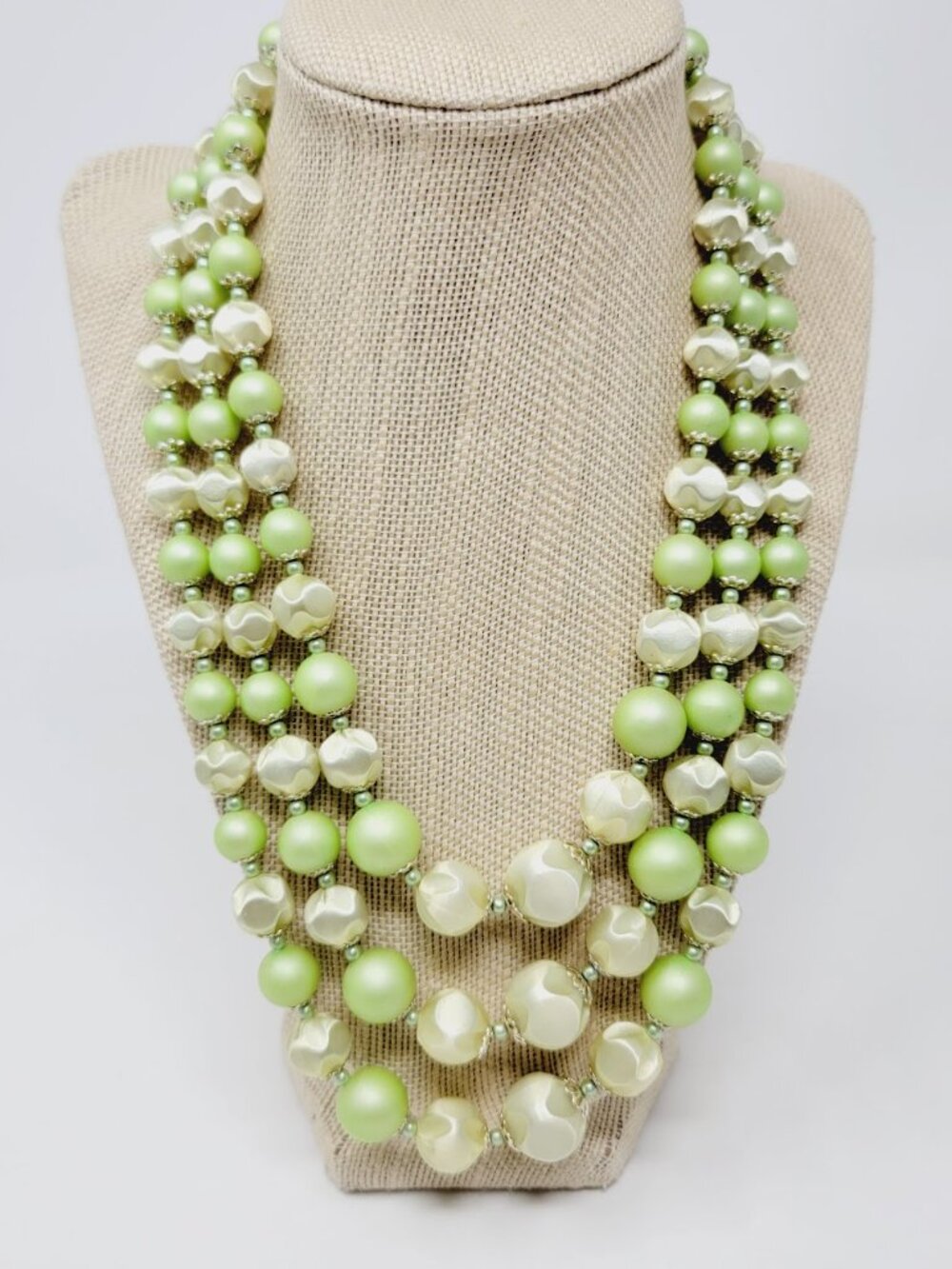 Vintage Japan Triple Strand Lime Green Beaded Necklace